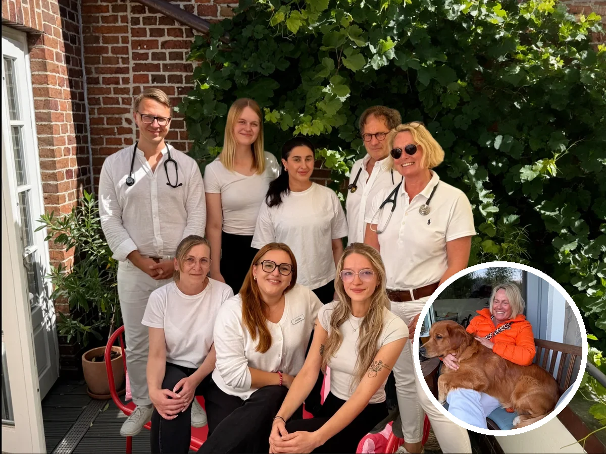 Das ganze Team im Innenhof, im runden Ausschnitt Dr. Klingler mit Hund Henry